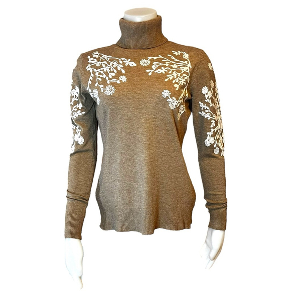 Rain + Rose Sweaters - Women's Rain + Rose Neutral Crewel Embroidered Turtleneck Sweater, S